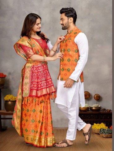 Orange Couple Combo Set Mens Cotton Kurta with Jacquard Silk Koti Womens Jacquard Silk Saree